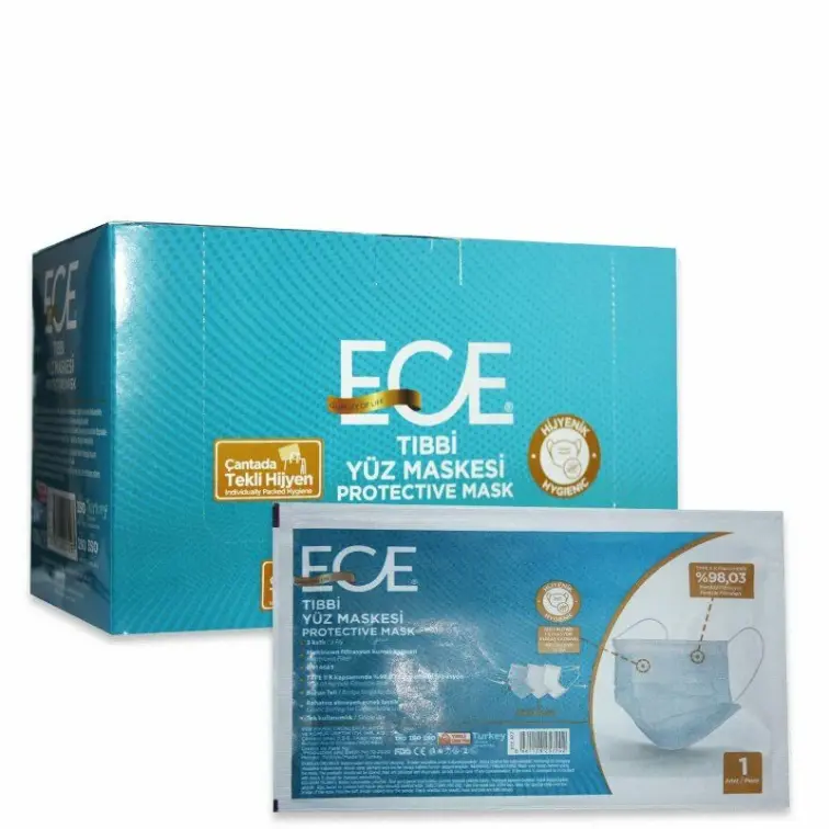 Ece 3 Katlı Steril Tekli Paketlenmiş Mavi Cerrahi Maske Telli 50'li - 1
