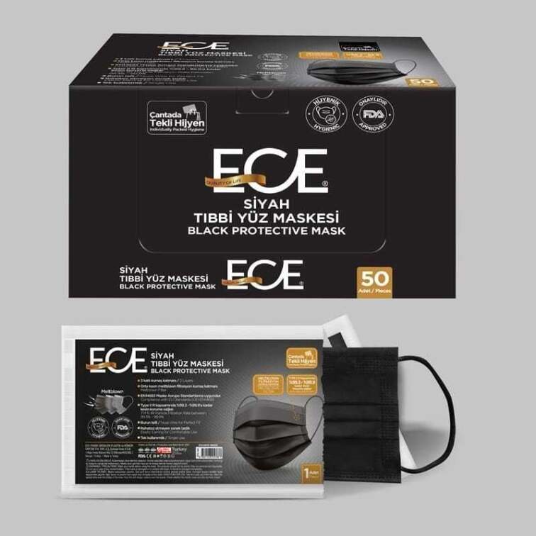 Ece 3 Katlı Tekli Paketlenmiş Siyah Cerrahi Maske Telli 50'li - 1