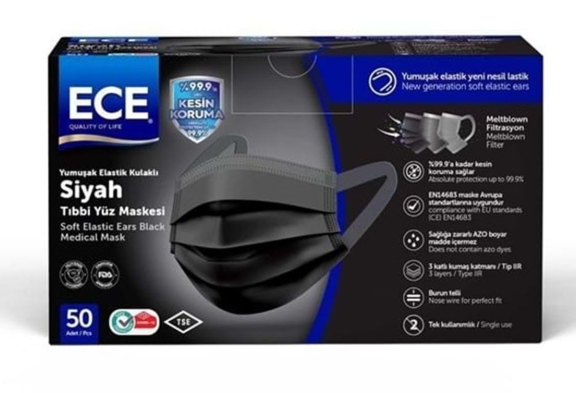 Ece Tıbbi Maske Gövdeden Lastikli Siyah 50'li - 1