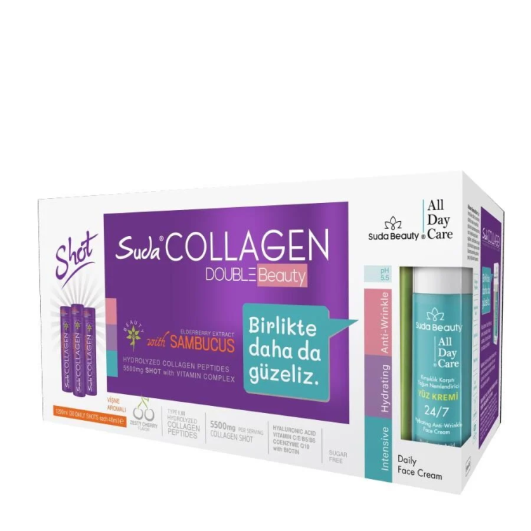 Suda Collagen Double Beauty (30 Shot Vişne Kolajen & Suda Beauty All Day Care Yüz Kremi 50ml) - 1
